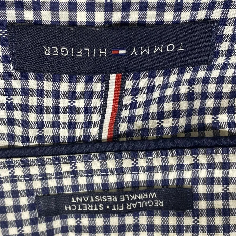 Tommy Hilfiger Dress Shirt Men's 17 34/35 Gingham Stretch Reg Fit Wrinkle Resist